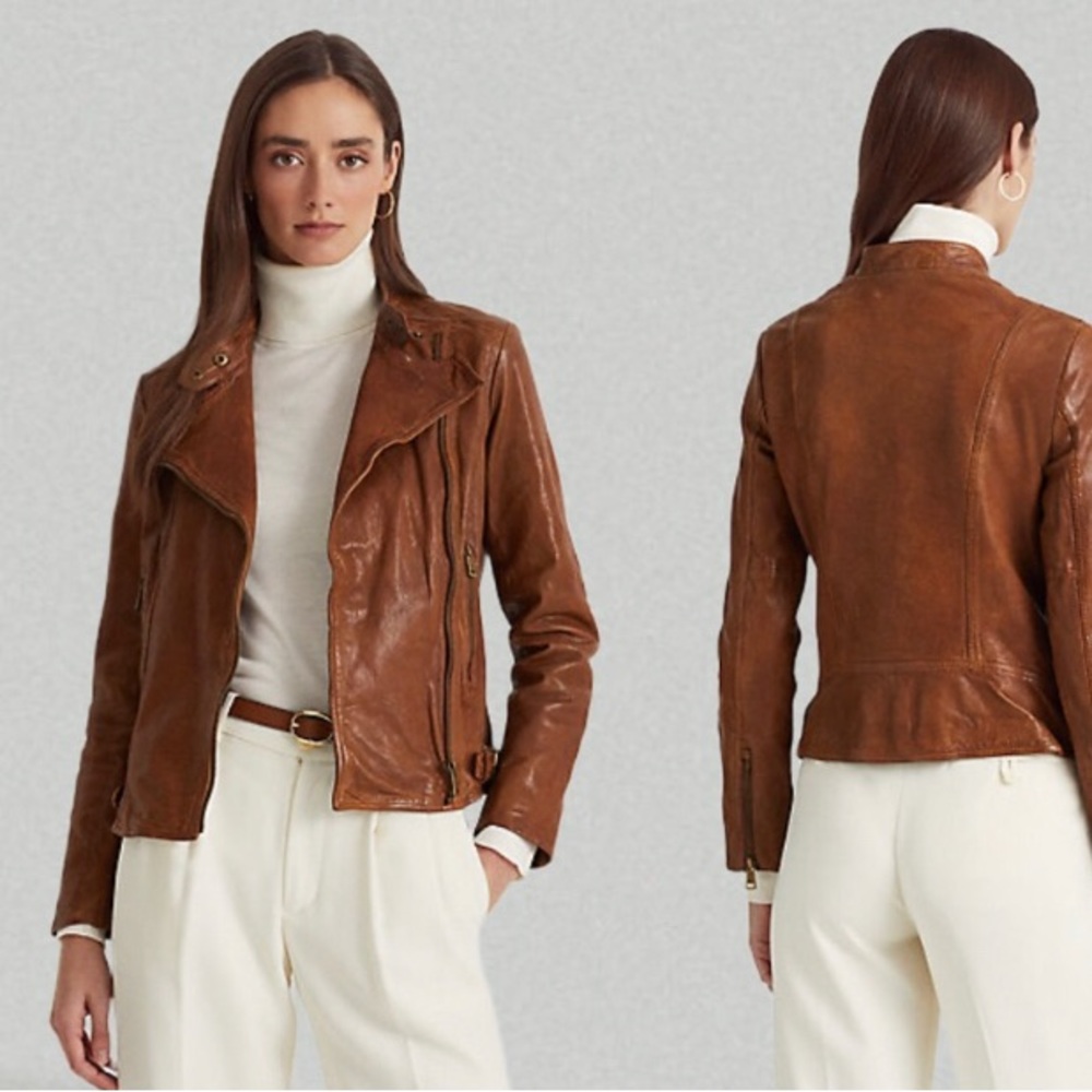 Lauren Ralph Lauren Burnished Leather Moto Bomber Jacket Dark Walnut